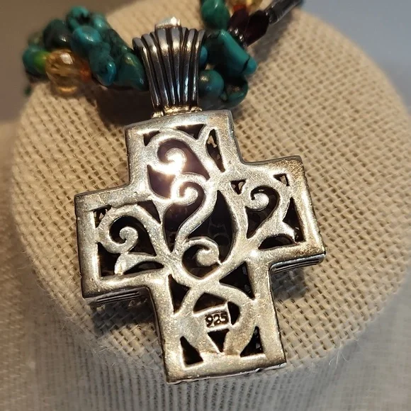 Vintage Sterling Silver and Turquoise Cross Necklace